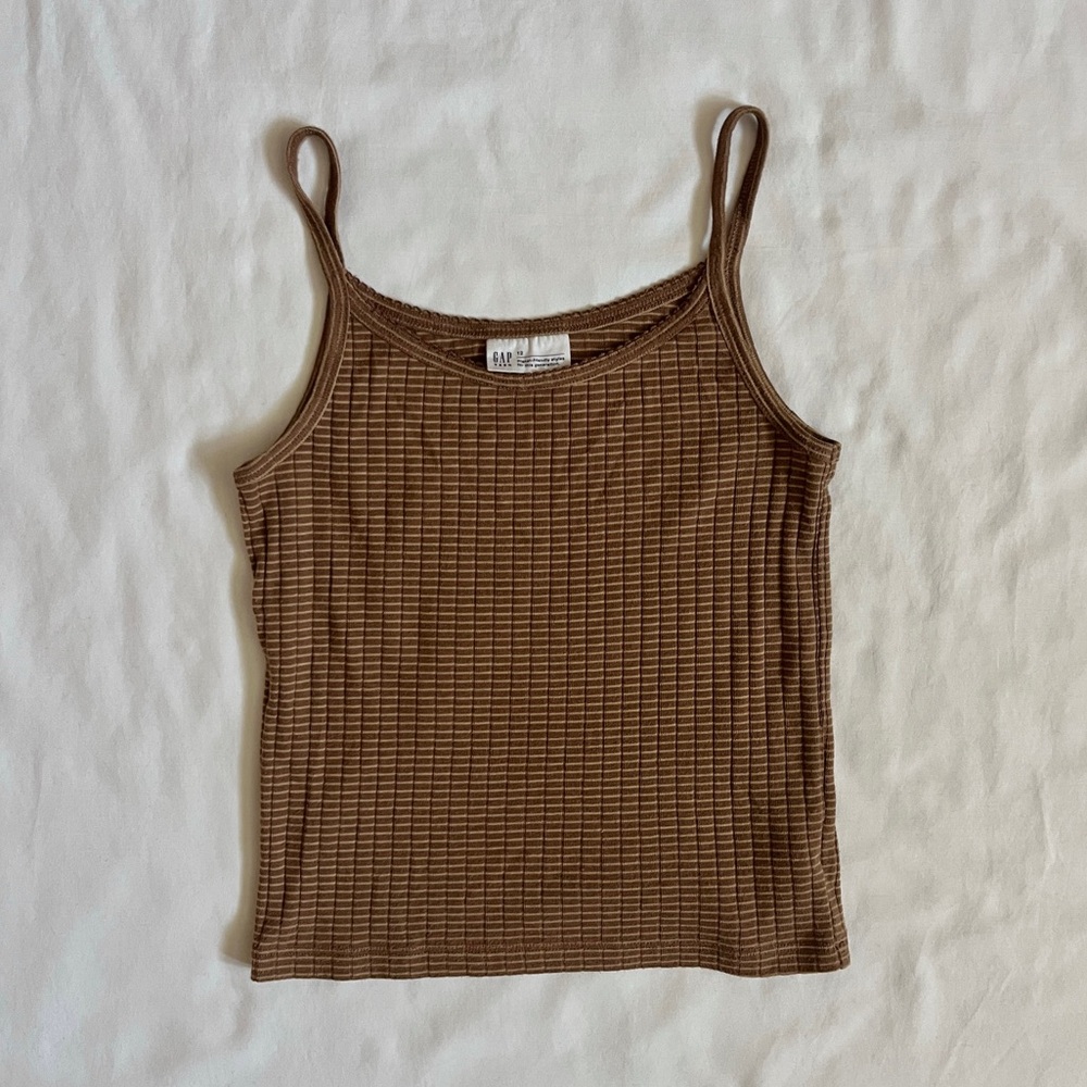 Gap Striped Ribbed Tank Top | Brown Picot Trim Camisole Teen Size 12